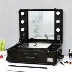Rolling Cosmetics Case Mirror Telescoping Legs 6 LED Lights Portable