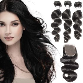Sable Hub 10A Brazilian Body Wave 4 Bundles (3 Body Wave + 1 Closure) Natural Human Hair Bundle | 100% Unprocessed Virgin Body Wave Bundle Hair Extens (Color: Black, size: 14"/16"/18" + 12" (Closure))